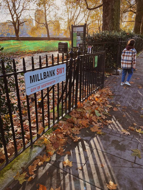 A black metal fence surrounds a small public park area, with a white sign attached to it displaying the street name 'MILLBANK SW1' and indicating the jurisdiction of Westminster City Council. Fallen autumn leaves in shades of brown and yellow are scattered along the paved walkway and accumulated at the base of the fence, with some leaves partially covering the curb. Behind the fence, the park features a patch of grass bordered by a strip of green construction fencing, and several leafless trees with brown branches are visible in the background, suggesting late autumn. The lighting is natural, casting distinct shadows of the fence onto the pavement. To the right, a person dressed in a checkered shirt, blue jeans, and white sneakers stands near the fence, facing towards the park, but their face is not visible. A digital information board or notice panel is positioned near the fence, providing details for park visitors. This scene illustrates a typical urban park entry point within central London, emphasizing local signage, pedestrian pathways, and autumn foliage, relevant to private waste management and local council rubbish rules for residents and visitors alike.